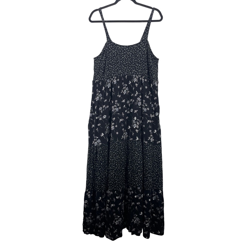 Terra & Sky Size 0X 14W Maxi Dress Black Floral Tiered Sleeveless Rayon Large‎